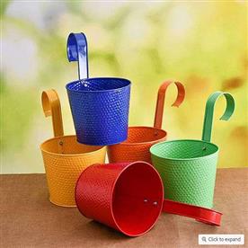 7 INCH (18 CM) DOT EMBOSSED RAILING ROUND METAL PLANTER - PACK OF 5 