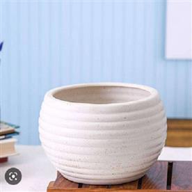6.5 INCH (17 CM) RING PATTERN MARBLE FINISH ROUND CERAMIC POT (WHITE) 